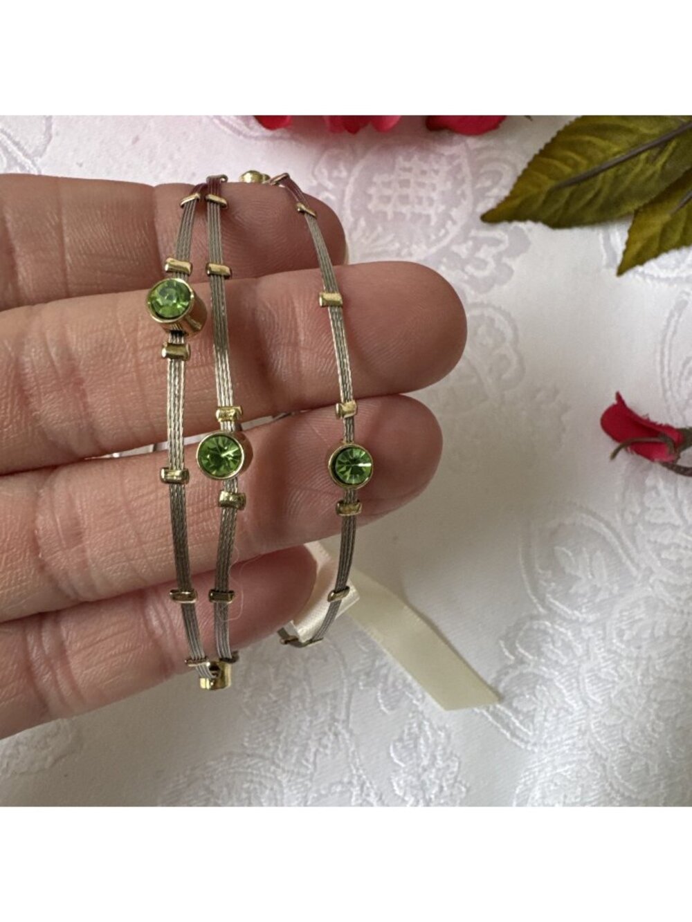 Lydell NYC Dainty 3 PC Thin Bracelet Gold Tone Green Stone Cuff Bangle NEW